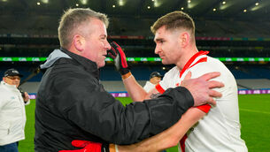 <p>An Ghaeltacht chairman and selector Dara Ó Cinnéide celebrates with Éanna Ó Conchúir after the All-Ireland Club IFC win. Pic: ©INPHO/James Lawlor</p>