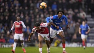 <p>FRANCO BLOW: Arsenal's Myles Lewis-Skelly and Portsmouth's Franco Umeh-Chibueze battle for the ball. Pic: Andrew Matthews/PA Wire.</p>