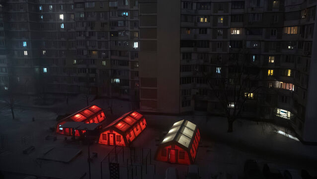 <p>Emergency tents have been set up in a residential neighbourhoods to allow people to get warm (Vladyslav Musiienko/AP)</p>