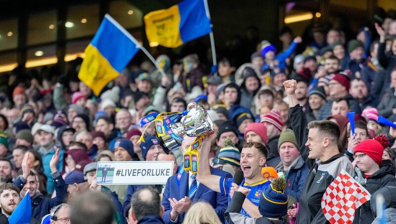 GLORY DAYS: Ballymac captain Daire Keane celebrates with Dan O'Shea alongside after the Kerry club's All-Ireland Club JFC final win in Croke Park last Sunday. Pic: James Lawlor, Inpho