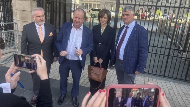 <p> (Left to right) Independent Ireland TD Ken O'Flynn, Independent Ireland leader Michael Collins, Presidential hopeful Maria Steen and Independent Ireland TD Richard O’Donoghue outside Leinster house last year. File picture: Stephen Collins/Collins Photos</p>