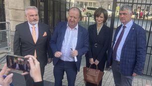 <p> (Left to right) Independent Ireland TD Ken O'Flynn, Independent Ireland leader Michael Collins, Presidential hopeful Maria Steen and Independent Ireland TD Richard O’Donoghue outside Leinster house last year. File picture: Stephen Collins/Collins Photos</p>