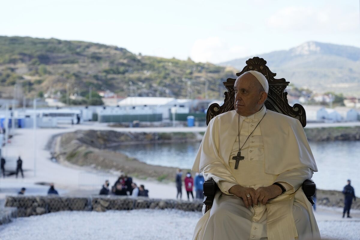 Pope Francis visited Karatepe refugee camp on the island of Lesvos, Greece, on December 5, 2021, amid the humanitarian refugee crisis. Picture: Alessandra Tarantino/AP