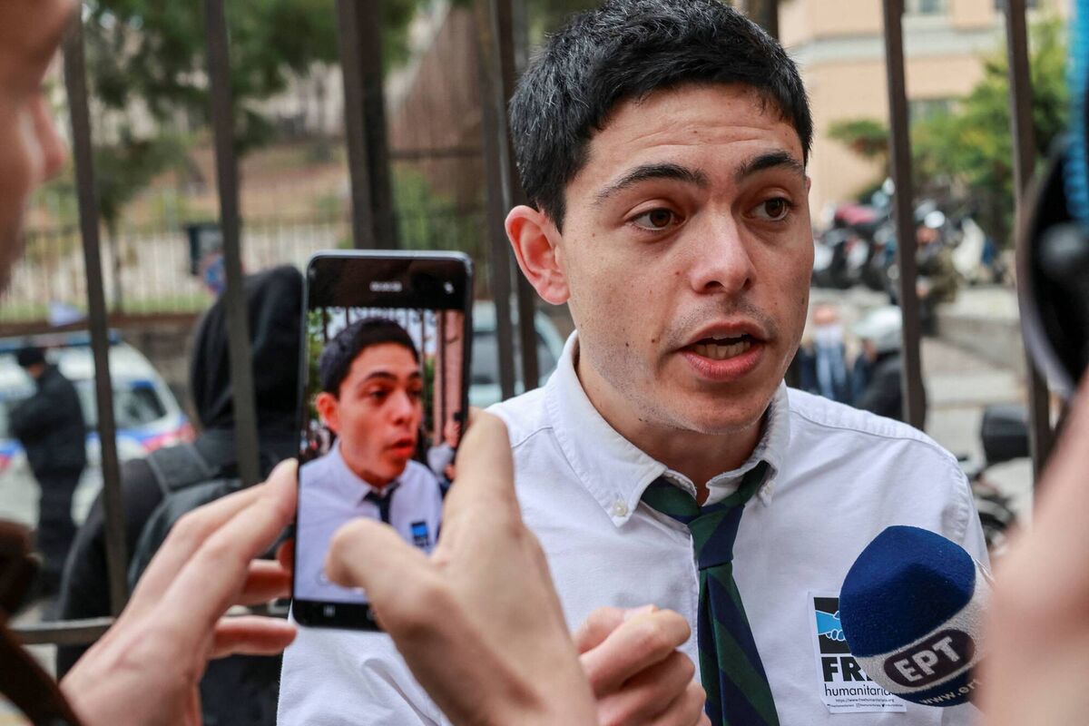 A file photo from November 2021 of German-born Irish-reared Seán Binder outside the court of Mytilene on the island of Lesvos on November 18, 2021. Picture: Manolis Lagoutaris/AFP/Getty 