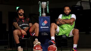 <p>Latrell Jossel of Ballincollig and Jordan Perkins of Garvey's Tralee Warriors pictured at the Domino's National Cup Finals Media Day ahead of the Domino's MSL National Cup final, which takes place at the National Basketball Arena on Saturday at 8pm and is live on TG4. Pic: ©INPHO/Dan Sheridan</p>