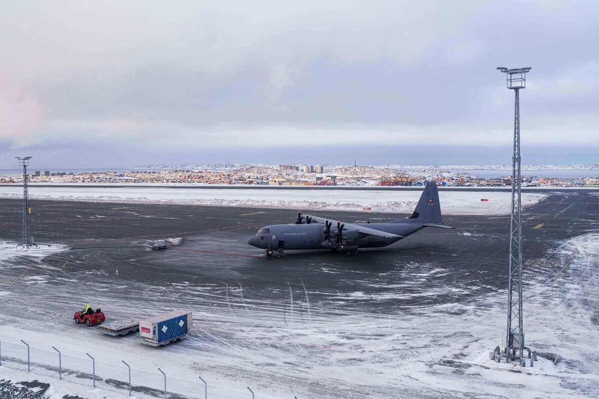 A Royal Danish Air Force military plane is seen at the airport of Nuuk, Greenland, on Thursday, Jan. 15, 2026. (AP Photo/Evgeniy Maloletka)