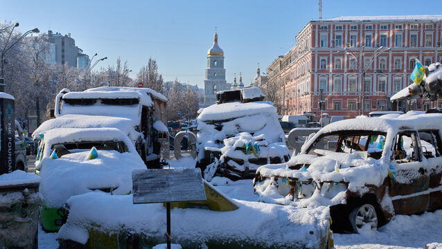 Snow-covered, damaged Russian military vehicles on display in Kyiv, Ukraine (Efrem Lukatsky/AP)