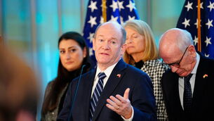Senator Chris Coons speaks during a press conference with the American delegation in Copenhagen, Denmark (Ida Marie Odgaard/Ritzau Scanpix via AP)