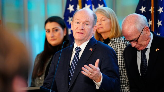 <p>Senator Chris Coons speaks during a press conference with the American delegation in Copenhagen, Denmark (Ida Marie Odgaard/Ritzau Scanpix via AP)</p>