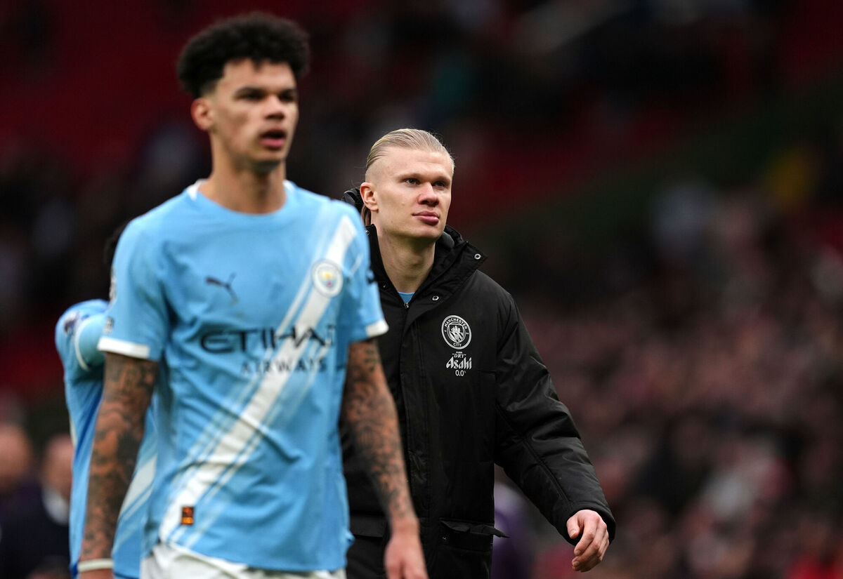 Manchester City's Erling Haaland reacts following the Premier League match at Old Trafford. Pic: Martin Rickett/PA Wire.