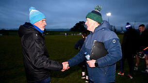<p>Limerick manager John Kiely, right, and Waterford manager Peter Queally shake hands after the Co-Op Superstores Munster Senior Hurling League final match at Mallow GAA Complex. Pic: Ben McShane/Sportsfile</p>