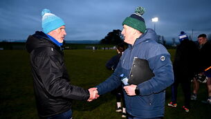 <p>Limerick manager John Kiely, right, and Waterford manager Peter Queally shake hands after the Co-Op Superstores Munster Senior Hurling League final match at Mallow GAA Complex. Pic: Ben McShane/Sportsfile</p>