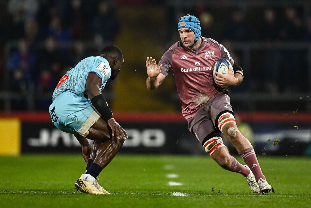 Tadhg Beirne of Munster in action against Christian Ambadiang of Castres Olympique. Pic: Seb Daly/Sportsfile