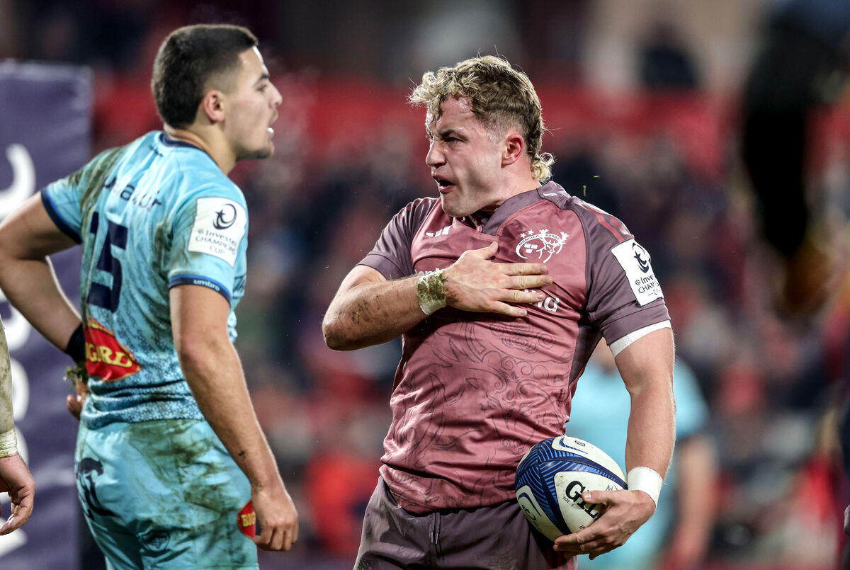 Munster's Craig Casey celebrates after scoring his side's first try. Pic: Dan Sheridan/Inpho