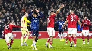 <p>Arsenal's Gabriel Jesus (third left) rues a missed chance as Nottingham Forest players react. Pic: Nick Potts/PA Wire.</p>
