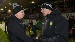 <p>Monaghan manager Gabriel Bannigan and Donegal manager Jim McGuinness after the game. Pic: INPHO/Lorcan Doherty</p>