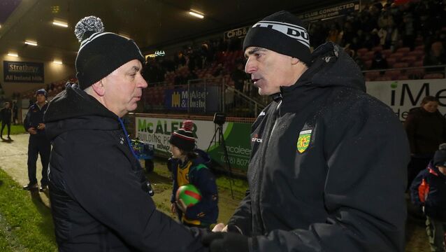 <p>Monaghan manager Gabriel Bannigan and Donegal manager Jim McGuinness after the game. Pic: INPHO/Lorcan Doherty</p>