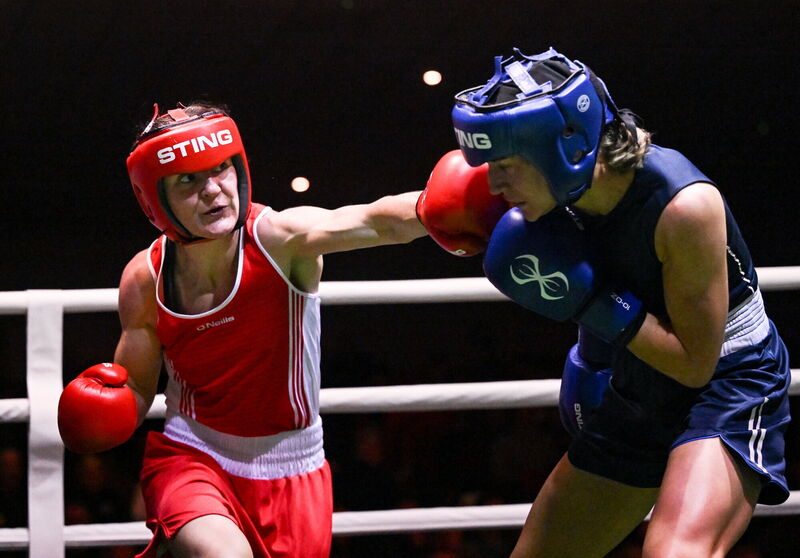 Kellie Harrington in action against Kellie McLoughlin during the finals of the 2026 National Elite Boxing Championships at the National Stadium in Dublin Pic: David Fitzgerald/Sportsfile