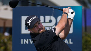 <p>Shane Lowry of Ireland hits off the first tee during the final round of Dubai Invitational golf tournament. Pic: AP Photo/Altaf Qadri</p>