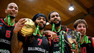 <p>Ballincollig players, from left, Josh Steel, Latrell Jossell, Latavious Mitchell and Alberto Rodriguez celebrate. Pic: Shauna Clinton/Sportsfile</p>