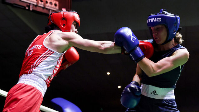 <p>Kellie Harrington (Red) with Kellie McLoughlin (Blue) during the lightweight final at the National Elites. Pic: ©INPHO/Dan Clohessy</p>