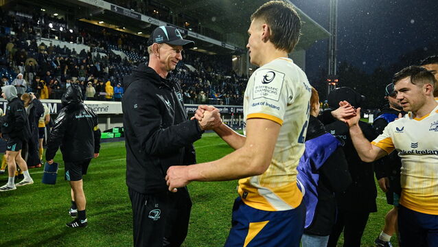 <p>Leinster head coach Leo Cullen and Sam Prendergast of Leinster celebrate after their side's victory at the Stade Jean Dauger in Bayonne. Pic: Brendan Moran/Sportsfile</p>