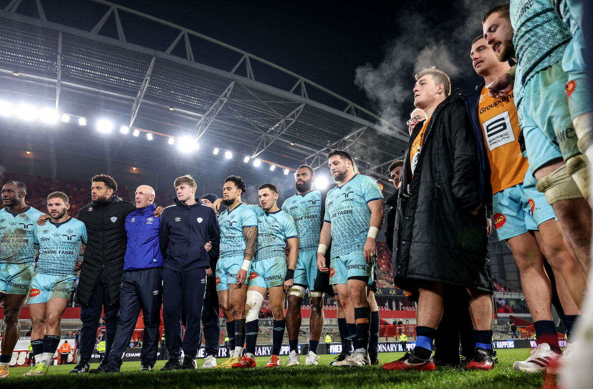 Castres players in a huddle after their victory over Munster. Pic: ©INPHO/Dan Sheridan