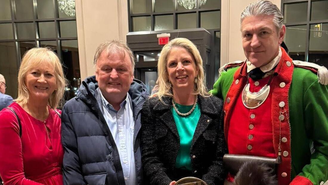 Carmel Moylan, Kieran Moylan, Friendly Sons and Daughters of St Patrick president Theresa Murtagh, and a re-enactor portraying General Stephen Moylan  at the Topper Theatre, Mullen Centre, Villanova University. 