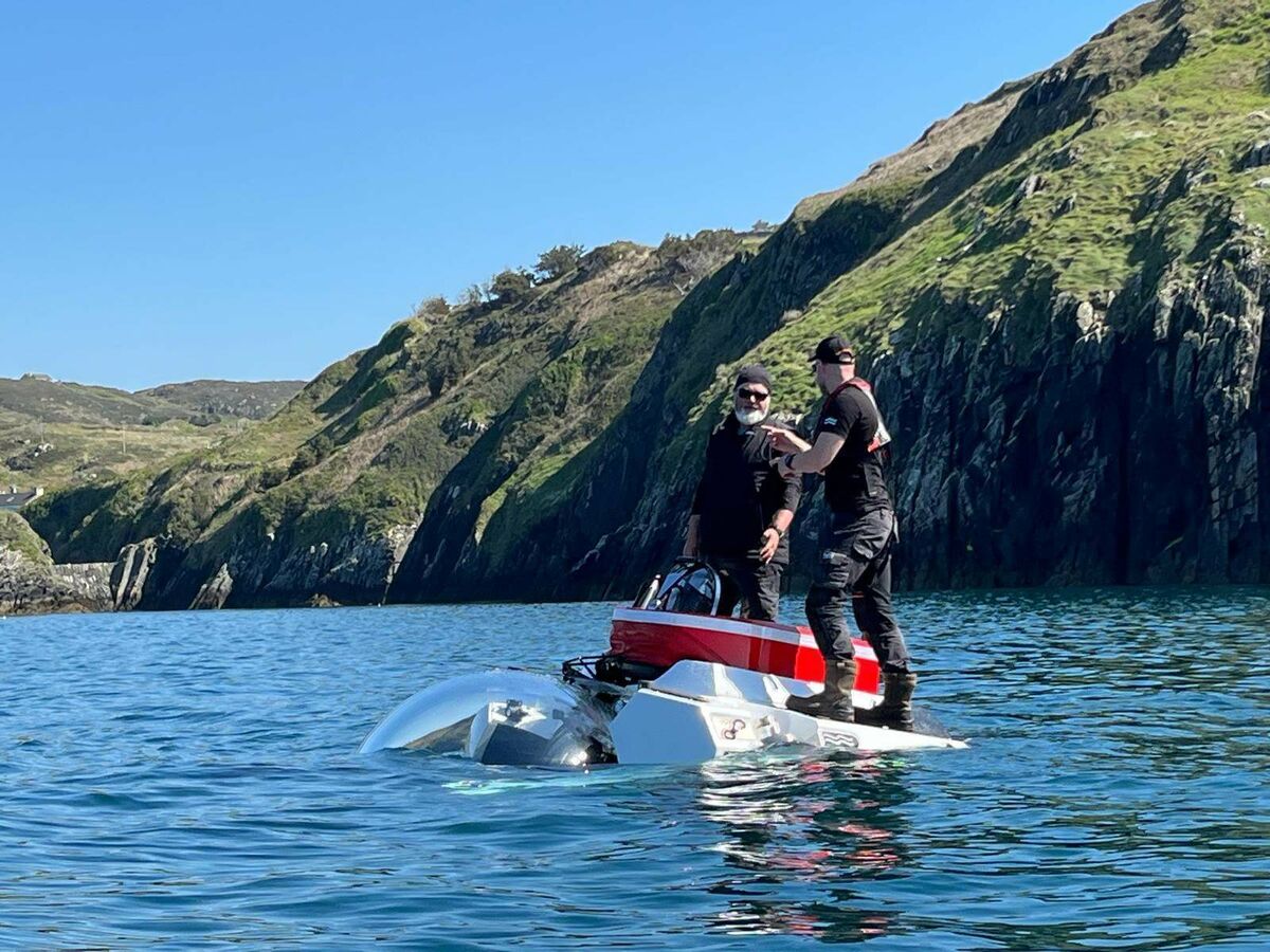 John Kearney and Michael McCarthy on Muirí Carraige Aonair Teo's latest addition, the A-EX2 sub which can accommodate three people including a pilot and two passengers. John Kearney and Michael McCarthy on Muirí Carraige Aonair Teo's latest addition, the A-EX2 sub which can accommodate three people including a pilot and two passengers.