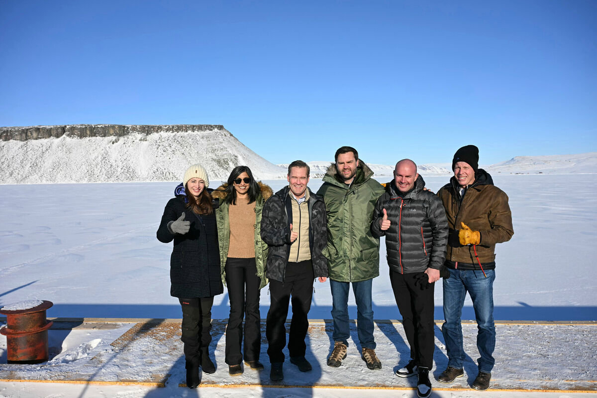 US vice president JD Vance, centre, with Usha Vance; White House national security adviser Mike Waltz and his wife, former homeland security adviser, Julia Nesheiwat; and Secretary of Energy Chris Wright visiting the US military's Pituffik Space Base in Greenland in March of last year. File picture: Jim Watson/AP 