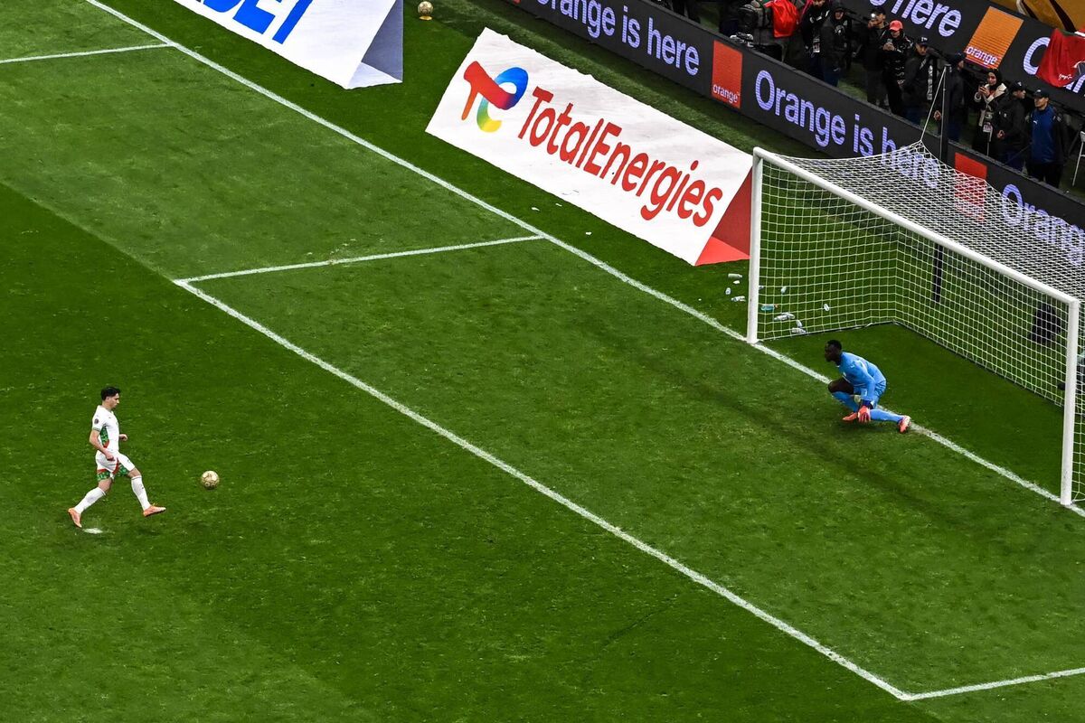 Morocco's forward Brahim Diaz misses his panenka penalty.Pic: Paul ELLIS / AFP via Getty Images.