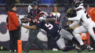 <p>NFL: Kayshon Boutte of the New England Patriots catches a touchdown pass against the Houston Texans. Picture: Adam Glanzman/Getty Images</p>