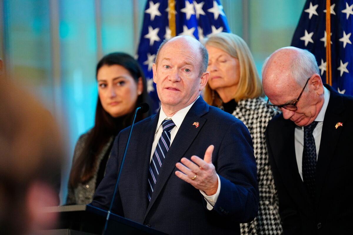 Senator Chris Coons from the Democratic Party at a press conference with an American delegation of senators and members of the House of Representatives in Copenhagen, Denmark, on Saturday. Photo: Ida Marie Odgaard/Ritzau Scanpix via AP