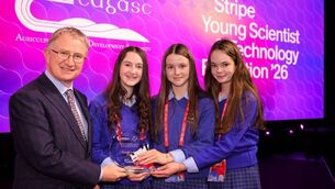 <p>Director of Teagasc, Professor Frank O’Mara presenting the winners of the ‘Teagasc Special Award’ to recipients Méabh Dorgan, Katie Fitzgerald and Muireann Murphy of St Mary’s Secondary School, Mallow, at the recent Stripe Young Scientist and Technology Exhibition.</p>