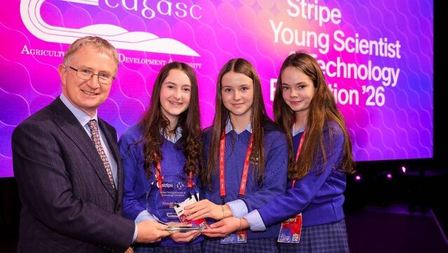 <p>Director of Teagasc, Professor Frank O’Mara presenting the winners of the ‘Teagasc Special Award’ to recipients Méabh Dorgan, Katie Fitzgerald and Muireann Murphy of St Mary’s Secondary School, Mallow, at the recent Stripe Young Scientist and Technology Exhibition.</p>