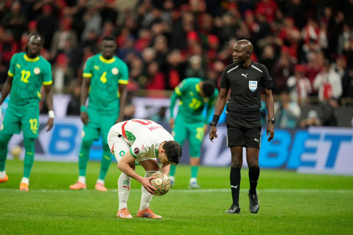 Morocco's Brahim Abdelkader Díaz prepares to take a penalty. Pic: AP Photo/Mosa'ab Elshamy.