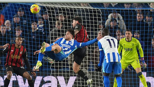 <p> 18-year-old Greek substitute Charalampos Kostoula produced a wonderful bicycle kick to equalise for Brighton against Bournemouth. Pic: Gareth Fuller/PA Wire.</p>