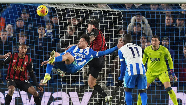 <p> 18-year-old Greek substitute Charalampos Kostoula produced a wonderful bicycle kick to equalise for Brighton against Bournemouth. Pic: Gareth Fuller/PA Wire.</p>