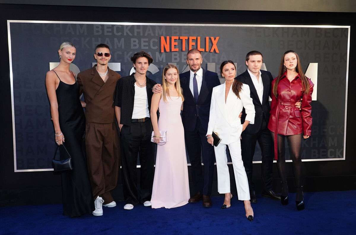 Mia Regan, Romeo Beckham, Cruz Beckham, Harper Beckham, David Beckham, Victoria Beckham, Brooklyn Beckham and Nicola Peltz at the premiere of Netflix's documentary series Beckham. Picture: Ian West/PA Wire