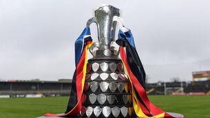 <p>THE PRIZE: The famed Dr. Harty Cup on show before the 2023 decider between Nenagh CBS and Ardscoil Ris, of Limerick at Cusack Park in Ennis. Pic: John Sheridan/Sportsfile</p>