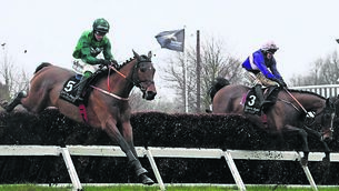 <p>ON HIS WAY: Anotherway and JJ Slevin (near) win for trainer Tom Gibney from Sky Lord; (inset) a mud- splattered Dan King after winning in Down Royal. Picture: Healy Racing</p>