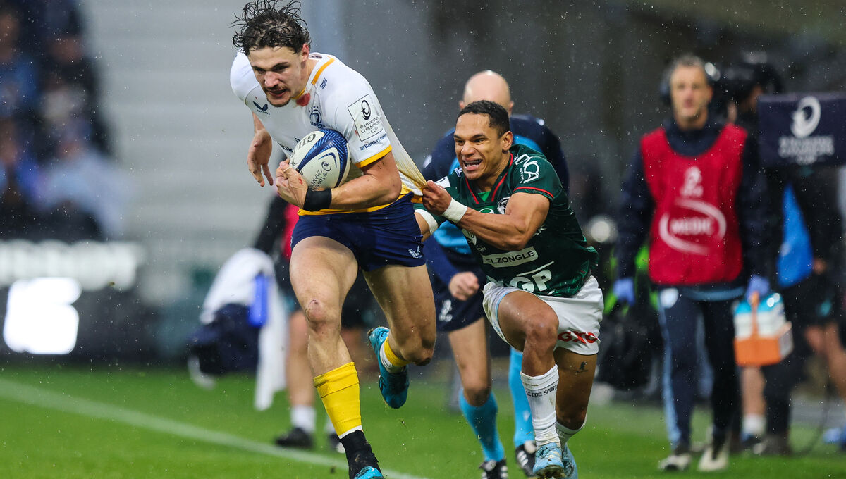 Leinster's Joshua Kenny is tackled by Aviron Bayonnais' Herschel Jantjies. Pic: Ryan Byrne/Inpho