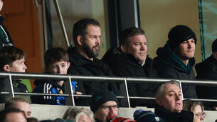 <p>Ireland's Andy Farrell, John Fogarty and Johnny Sexton in attendance at Leinster v La Rochelle. Pic: Morgan Treacy/Inpho</p>