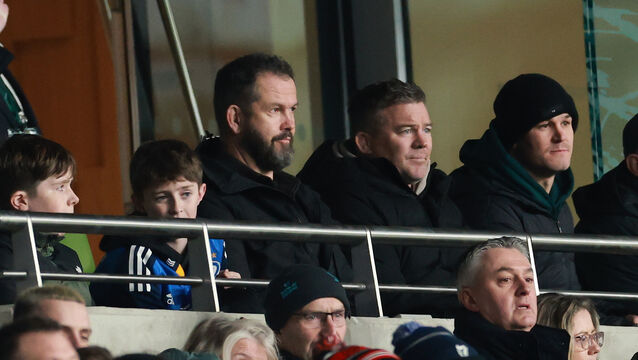 <p>Ireland's Andy Farrell, John Fogarty and Johnny Sexton in attendance at Leinster v La Rochelle. Pic: Morgan Treacy/Inpho</p>