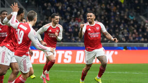 <p>Arsenal's Gabriel Jesus, right, celebrates with his teammates. Pic: AP Photo/Luca Bruno</p>