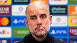 <p>Manchester City coach Pep Guardiola attends the post-mathc press conference. Pic: Fredrik Varfjell/NTB via AP</p>