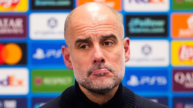 <p>Manchester City coach Pep Guardiola attends the post-mathc press conference. Pic: Fredrik Varfjell/NTB via AP</p>