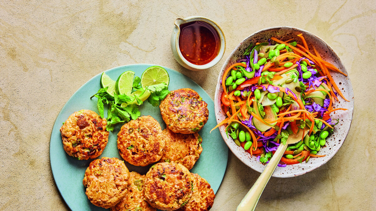 Sophie Richards’ Thai salmon cakes with rainbow crunch salad