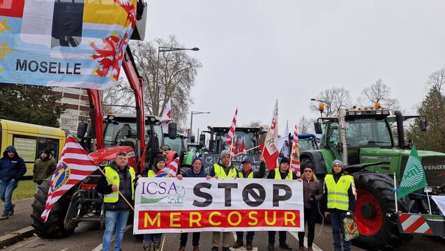 <p>ICSA president Seán McNamara at the Mercosur protest in Strasbourg, marching with farmers from across Europe opposing the deal.</p>