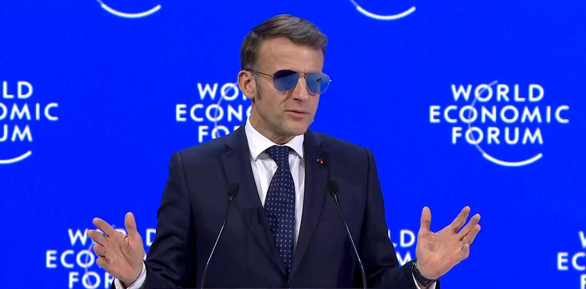 French President Emmanuel Macron speaking at the annual meeting in Davos, Switzerland. Will any prime minister or head of state attending Davos dare repudiate Trump, when the US president is showing no qualms about raising tariffs on, or otherwise punishing, countries that oppose him?